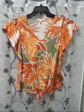 Papermoon Orange & Green Tropical Tie-Front V-Neck Blouse